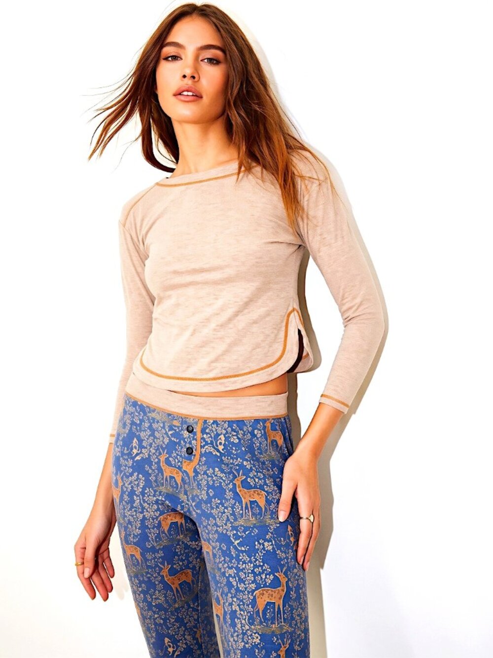 NWT Free People Chill Evening Pajama Set Sleepwear Deer Print Size Small